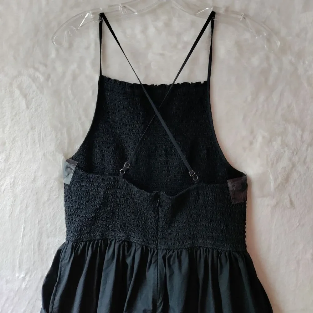 J. Crew Friday dress In Cotton Poplin Smocked Black Open Back Pockets Sz L